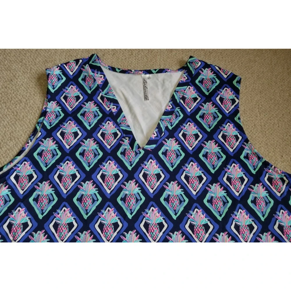 Womens Top-LULU B-blue/pink pineapple nylon stretch knit tunic Coastal Resort-2X